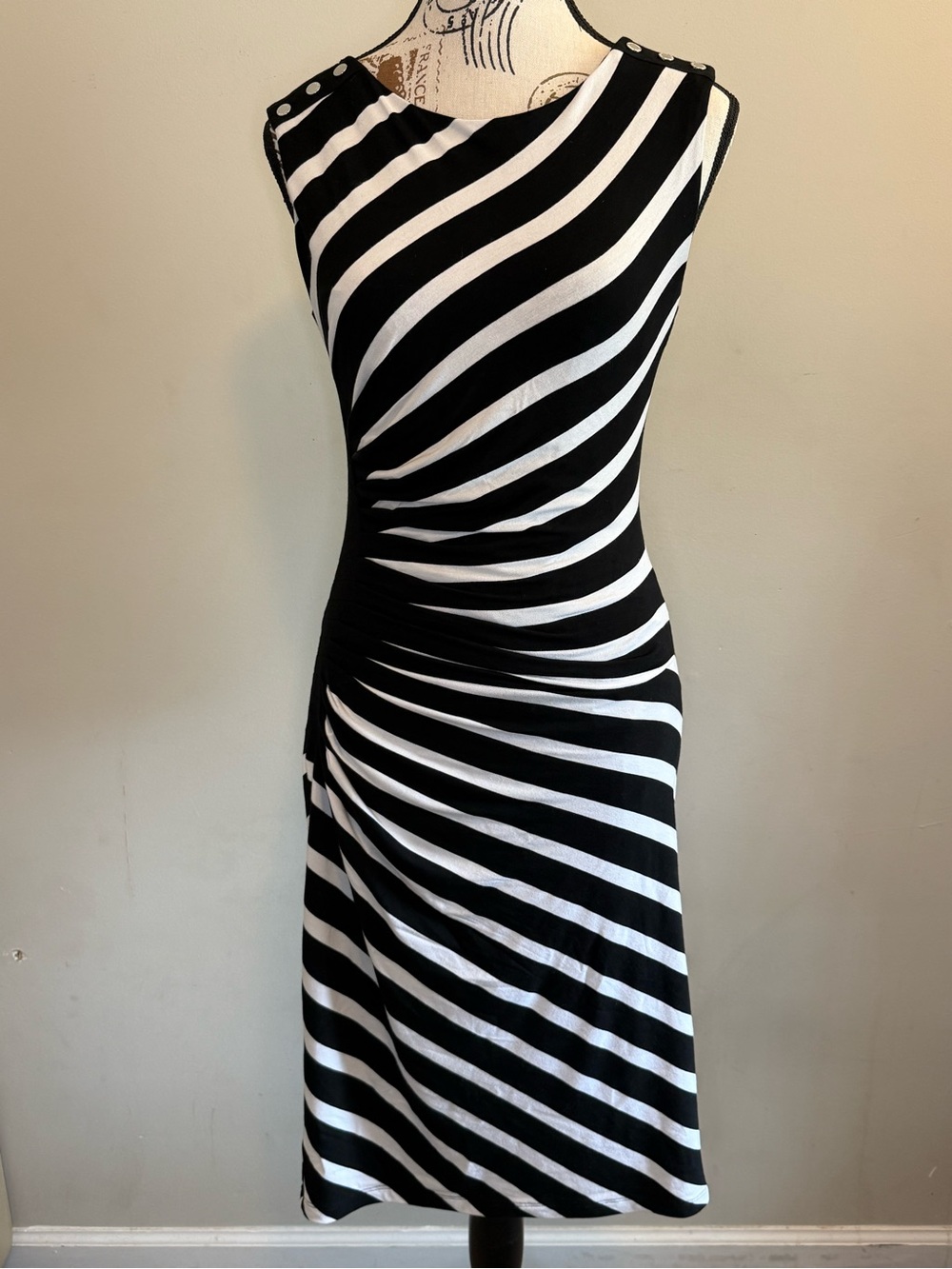 White House Black Market Black and White Striped Ruched Midi Dress - Size 0
